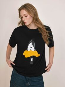 LOONEY TUNES X SHEIN Áo thun nữ tay ngắn in họa tiết hoạt hình phong cách thường ngày - màu đen - Xem 4