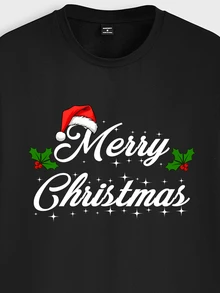 Manfinity Homme 聖誕節 Merry Christmas 口號時尚休閒印花男士標準尺寸黑色修身短袖T恤 - 黑色 - 查看 4