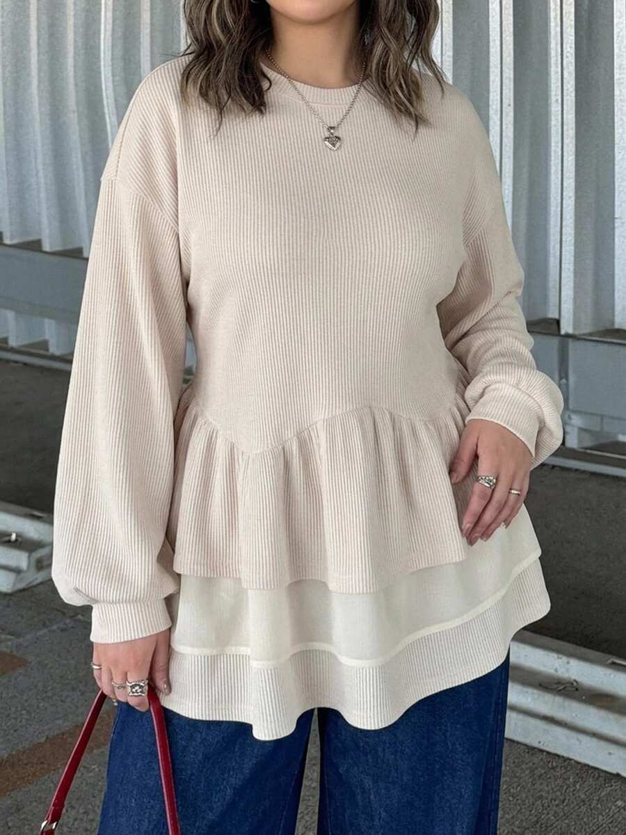 Dazy Plus Korean Style Patchwork Frill Trim Loose Long Sleeve T-Shirt For Girls - Beige - View 1