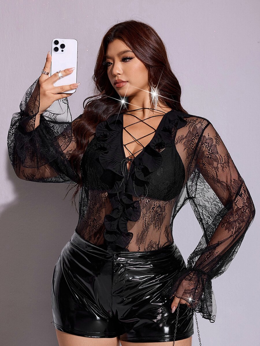 Viva Relle Plus Size Long Sleeve Lace Tie Romantic Sexy Blouse - Black - View 1