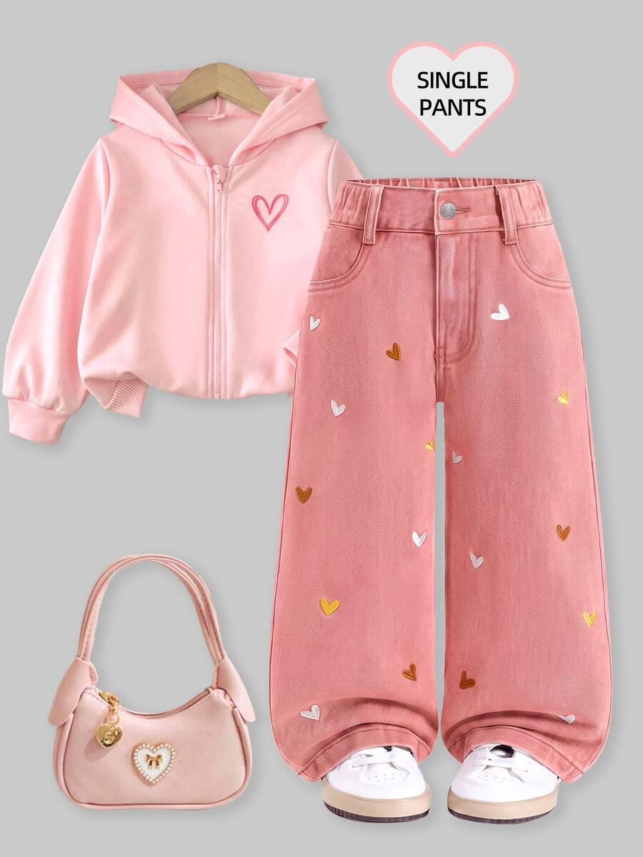 SHEIN 女童時尚可愛街頭風愛心刺繡寬鬆直筒牛仔長褲 - 粉色 - 查看 1