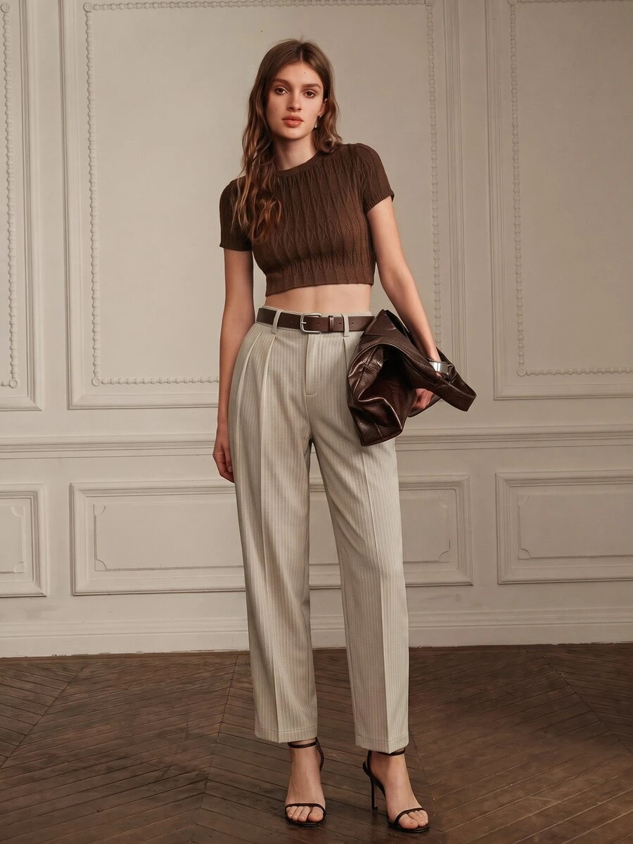 Anewsta Essential Women's Modern Retro Versatile Commute Double Pleated Corduroy Loose Tapered Ankle Casual Pants - Apricot - View 1