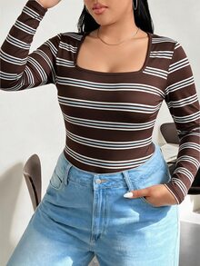 Solflare Plus Size Casual Colorblock Striped Knit Fitted Square Neck Long Sleeve Bodysuit, Suitable For Autumn/Winter - Multicolor - View 4