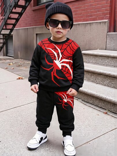 Young Boys Loose Sports Casual Comfortable Long Sleeve Sweatshirt And Pants 2 Pieces Set For Autumn/Winter, Classic Cool Spider Pattern Print, Cool Spider Web Pattern Print