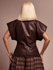 Vixey Women's Elegant Button PU Material Asymmetrical Hem Top - Coffee Brown - View 5