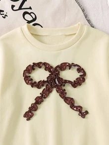 SHEIN Sparklyn 女童韓系活力風棕色運動衫與蝴蝶結修身長褲2件套 - 彩色 - 查看 5