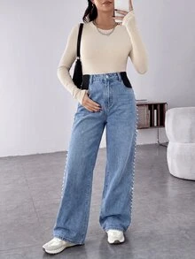 SHEIN 孕婦側邊人造珍珠裝飾口袋寬腿休閒牛仔褲 女款牛仔女孩風冬季服飾 - 藍色 - 查看 6