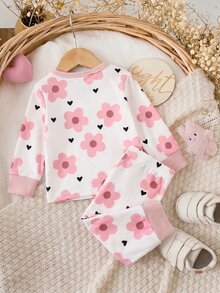 SHEIN Newborn Baby Cartoon Print Top And Pants Loungewear Set - Pink - View 2