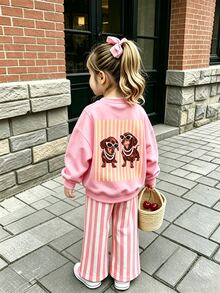 SHEIN Playful Pals 女嬰 2 件組秋季套裝 卡通狗狗印花圓領衛衣與條紋長褲 可愛休閒嬰兒服 - 彩色 - 查看 3