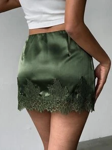 Aloruh 女款優雅性感低腰蕾絲拼接緞面修身粉色迷你裙，粉色裙子，夏季度假，夏季女款，夏季裙裝派對 - 軍綠色 - 查看 2