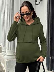 SHEIN 孕婦純色長袖休閒抽繩連帽哺乳衛衣 冬季 - 軍綠色 - 查看 10