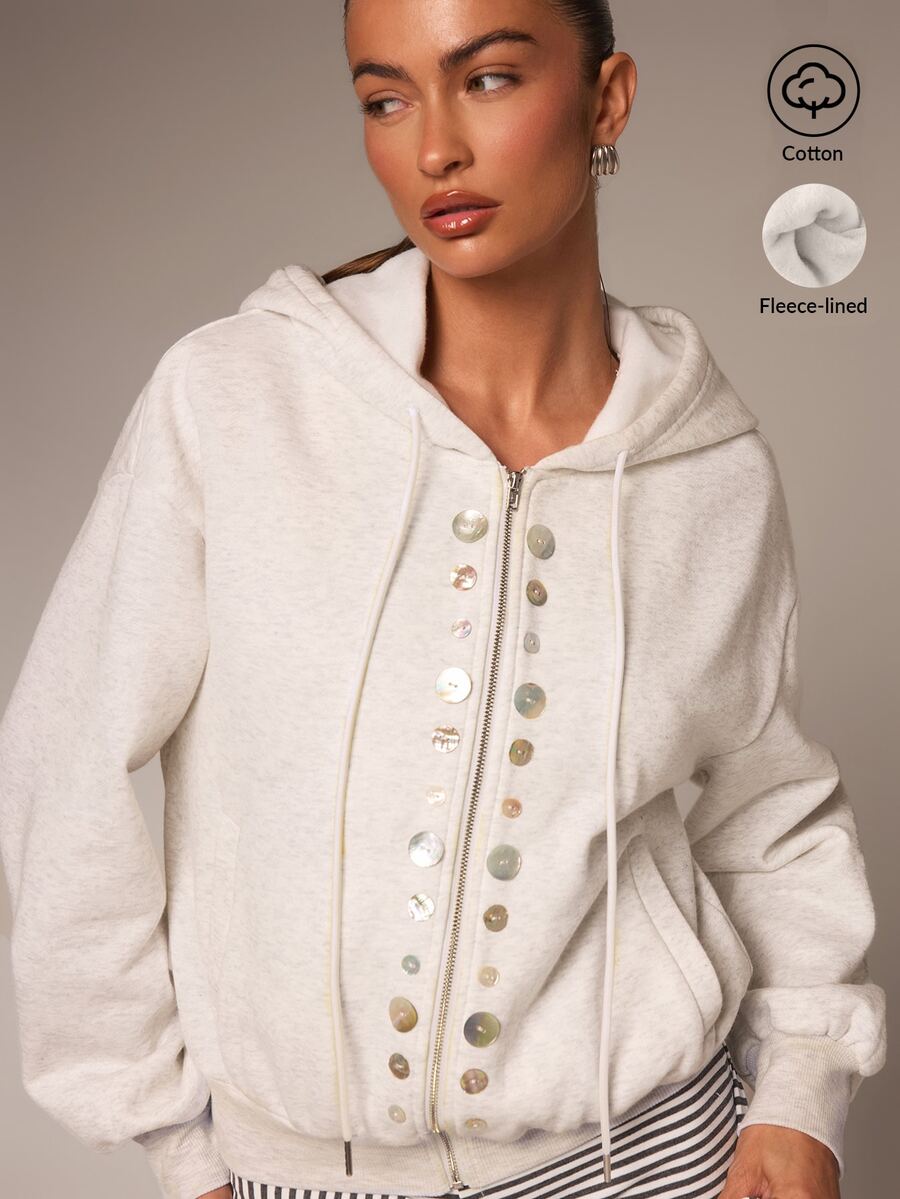 Athîral Sweatshirt Wanita Kasual Berkerudung Lengan Panjang dengan Kancing Depan, Cocok untuk Pemakaian Sehari-hari, Kencan, dan Acara Kumpul-kumpul - Grey - View 1