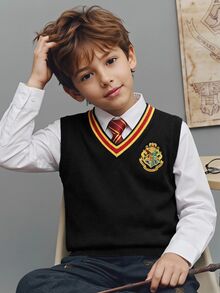 PrepCrw HARRY POTTER X SHEIN 兒童青少年男孩V領撞色學院風刺繡針織背心，秋季萬聖節 針織上衣，秋冬 2026 - 黑色 - 查看 2
