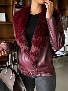 Aloruh Women's Autumn/Winter Burgundy PU & Fur Patchwork Jacket, Casual Versatile Outerwear - Burgundy - View 6