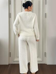 Dazy Plus Plus Size Women Solid Color Long Sleeve Top And Pants Knit 2 Pieces Set - White - View 2