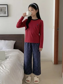 DAZY Tween女孩秋季圓領針織印花短袖T恤＋格紋睡褲居家休閒套裝 - 紅色 - 查看 5