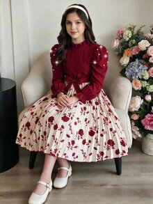 青少年女孩腰帶迷你洋裝，附荷葉邊下擺與腰帶裝飾，適合秋季、假日、夏季、旅行穿搭 - 彩色 - 查看 3
