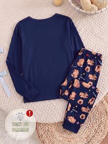 Piyama 2 Potong Motif Kartun Capybara Warna Biru Tua untuk Remaja Perempuan, Bahan Rajut Lembut dan Nyaman, Elastis, Pas Badan, Leher Bulat, Lengan Panjang, Celana Panjang, Cocok untuk Musim Semi, Gugur, dan Musim Dingin. - MultiWarna - View 2