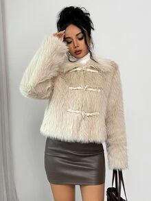 SHEIN Clasi 女款秋冬時尚休閒極簡風牛角扣設計人造毛皮面料，適合日常通勤、外出、購物的人造毛皮外套 - 卡其色 - 查看 5