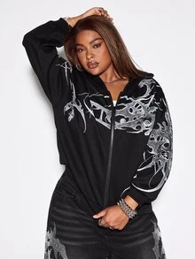 ROMWE Street Life Plus Size Women's Autumn/Winter Street Style Casual Printed Gothic Zip-Up Hooded Long Sleeve Sweatshirt - Black - View 6