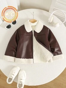 Young Boy Thermal Lined Thick Turn Collar Long Sleeve Jacket, Versatile And Comfortable - Brown - View 3
