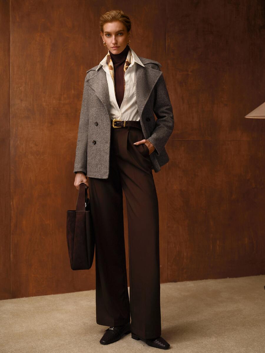 MOTF PREMIUM WOMEN'S AUTUMN/WINTER LARGE LAPEL DOUBLE-BREASTED OPEN FRONT OVERCOAT - Coffee Brown - View 1