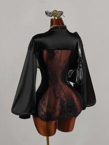 Amplova Lace Fitted Bodycon Fully Sheer Digital Sports Sexy #98 Number Leopard Print Satin Lace Patchwork Women's Top - Black - View 8