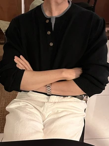 DAZY Spring/Autumn Black Decorative Button 2 In 1 Korean Style Casual Men's Sweater - Black - View 3