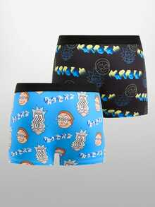 Rick and Morty X SHEIN 2pcs Cartoon Men's Boxer Briefs, Graffiti All-Over Print Youth Square Shorts - Black - View 2