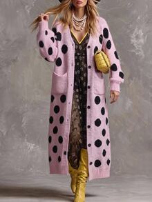 Solivie Women's Autumn/Winter Long Cardigan, Pink & Black Polka Dot Women Fall Winter Sweater Going Out Tops - Pink - View 6