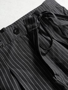 ROMWE MEN Essentials Men's Dark Striped Pleated Waist Tie Wide Leg Loose Pants - Navy Blue - View 4