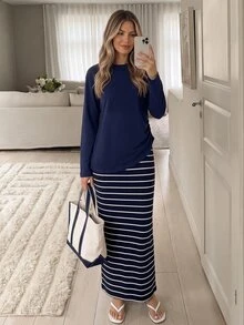 Easowa Women's Solid Color Long Sleeve Top And Striped Skirt Casual 2 Pieces Set - Navy Blue - View 4