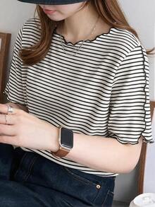Dazy Plus Striped Loose Casual Short Sleeve Versatile Spring/Summer New T-Shirt - Black and White - View 4