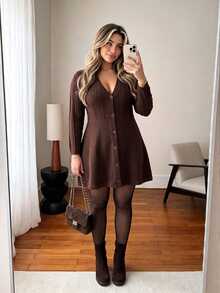 Vionelle Plus Size Women Solid Color Casual Daily Knit Dress - Coffee Brown - View 4