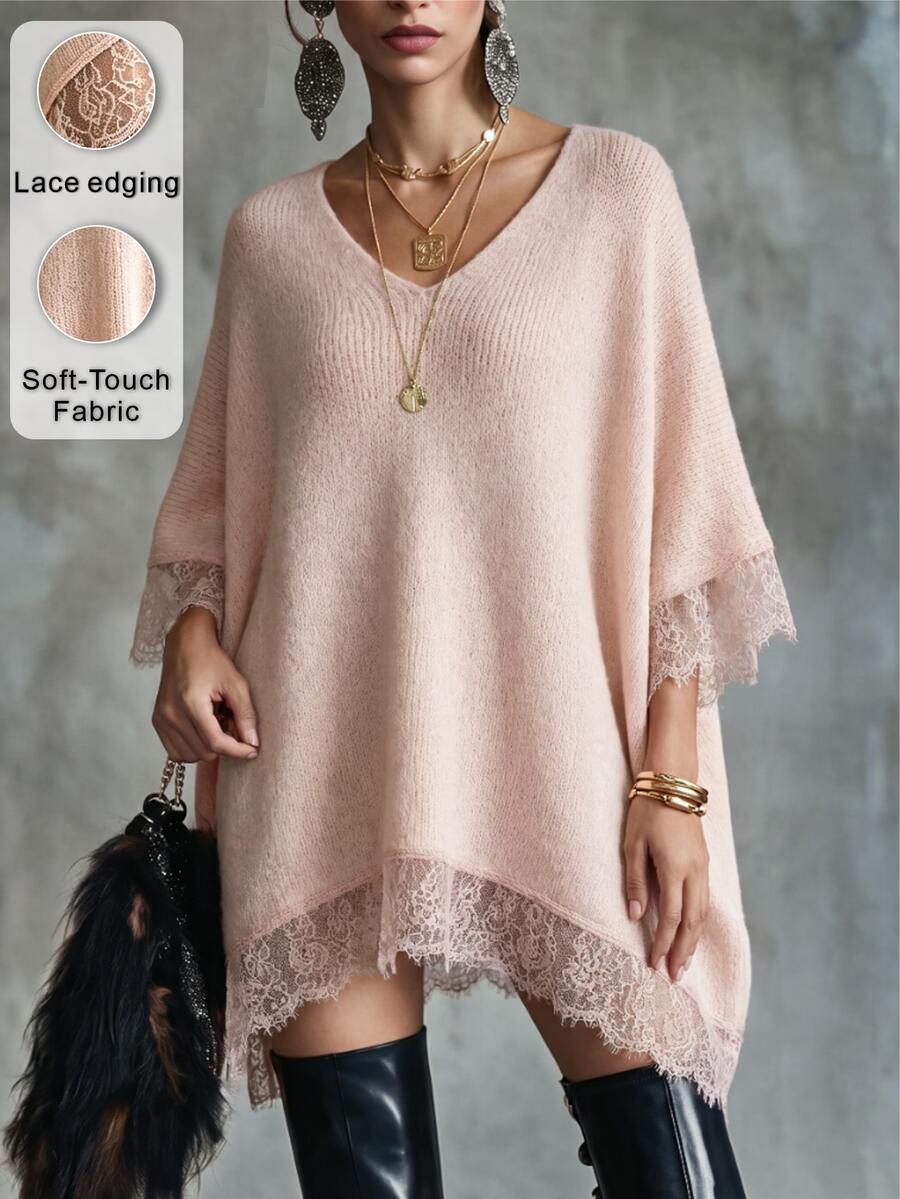 Linhara Plus Size Women's Solid Color Knit Sweater Dress With V-Neck, Short Sleeves, Lace Patchwork And Asymmetrical Hem, Suitable For Autumn/Winter Commuting, Office, Romantic Vacation, Feminine Minimalist Casual - Pink - View 1