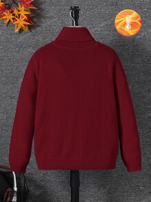 SHEIN Little Byeori 大童男孩紅色高領毛衣，長袖套頭針織秋季毛衣，開學季復古秋季休閒百搭童裝 - 紅色 - 查看 2
