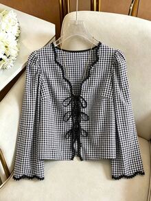Muvela Women's Plaid Front Tie Puff Long Sleeve Casual Shirt - Black and White - View 3