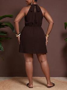 Veslaya Plus Size Women Solid Color Side Knot Halter Neck Fashion Dress - Rust Brown - View 4