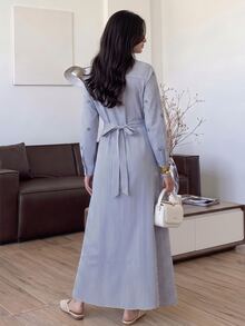 Solavon Women's Embroidered Design Striped Long Sleeve Button Half-Placket Casual Shirt Long Dress - Blue and White - View 2