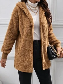 SHEIN Clasi 女款羊羔毛連帽休閒百搭日常長袖秋季運動機場穿搭拉鍊保暖咖啡棕夾克，適合返校、上班、公路旅行與旅遊 - 鏽棕色 - 查看 6