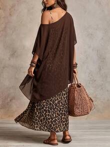 Linhara CURVE Plus Size Women Casual Set Cold Shoulder Asymmetrical Chiffon Cover-Up Vintage Leopard Print Spaghetti Strap Dress - Brown - View 2
