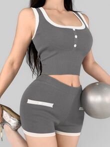 DAZY Women's Contrast Color Button Design Cropped Tank Top And Shorts Sports Set - Grey - View 8
