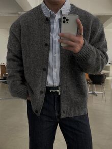 DAZY Cardigan Leher Bulat Musim Gugur/Dingin Warna Abu-abu Gelap Gaya Korea untuk Pria - Dark Grey - View 3