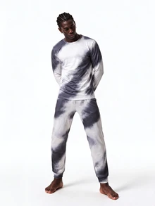 Rest Era Men's Abstract Tie-Dye Pajama Set, Casual Comfortable Crew Neck Long Sleeve 2 Pieces Loungewear - Multicolor - View 1