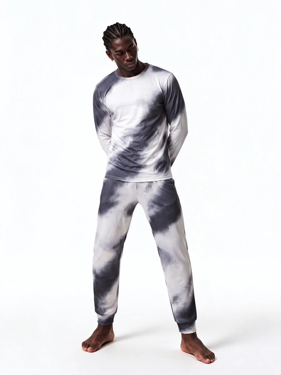 Rest Era Men's Abstract Tie-Dye Pajama Set, Casual Comfortable Crew Neck Long Sleeve 2 Pieces Loungewear - Multicolor - View 1