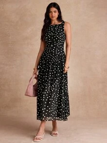 SHEIN 頂級夏季浪漫法式女款優雅棕色與白色波點船領日常日用早午餐茶會長洋裝，度假、舞會禮服 - 黑色 - 查看 6