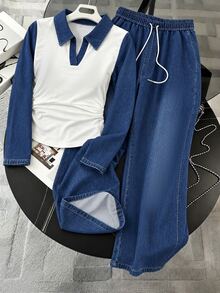 GlowEve CURVE Plus Size Women's Colorblock Long Sleeve Ruched Top And Wide Leg Pants Casual 2 Pieces Set - Blue - View 1