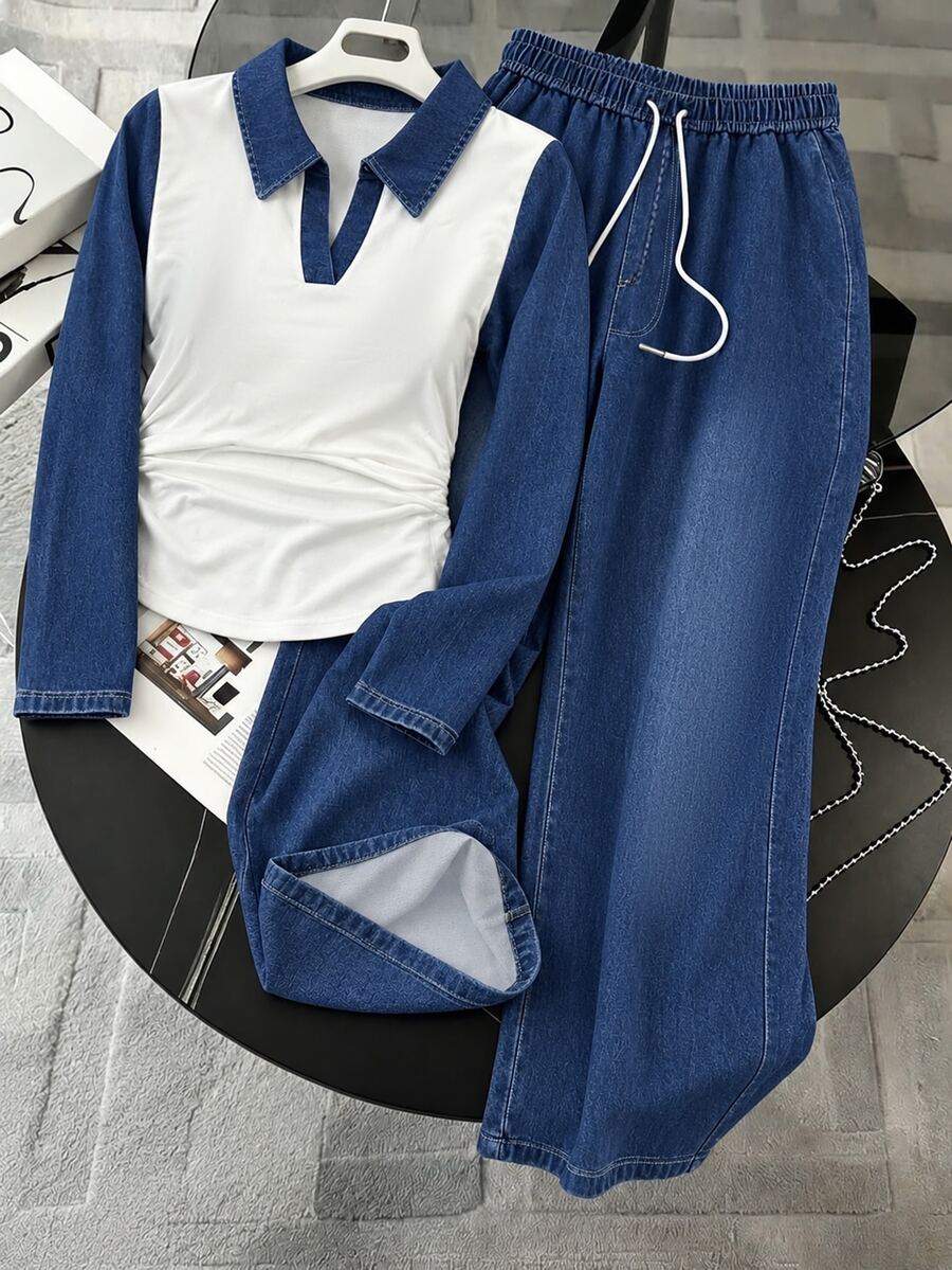 GlowEve CURVE Plus Size Women's Colorblock Long Sleeve Ruched Top And Wide Leg Pants Casual 2 Pieces Set - Blue - View 1