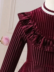 SHEIN Đầm len dệt màu trơn cổ đứng gấu bèo đính hạt phong cách thường ngày cho bé gái - Nhiều màu - Xem 4