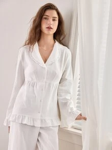 Ocili Solid Color Pure Cotton Lapel Comfortable Soft Embroidered Lace Shell Button Ruched Ruffle Long Sleeve Long Pants Women's Pajama Set - White - View 6